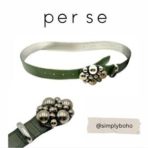 PER SE women's Elegant Green Leather Belt Silver Buckle - 37in long